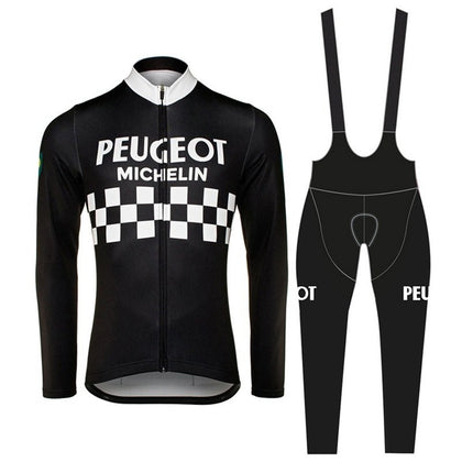 Retro Wielertenue Peugeot - Jack (fleece) en Lange Broek - Zwart